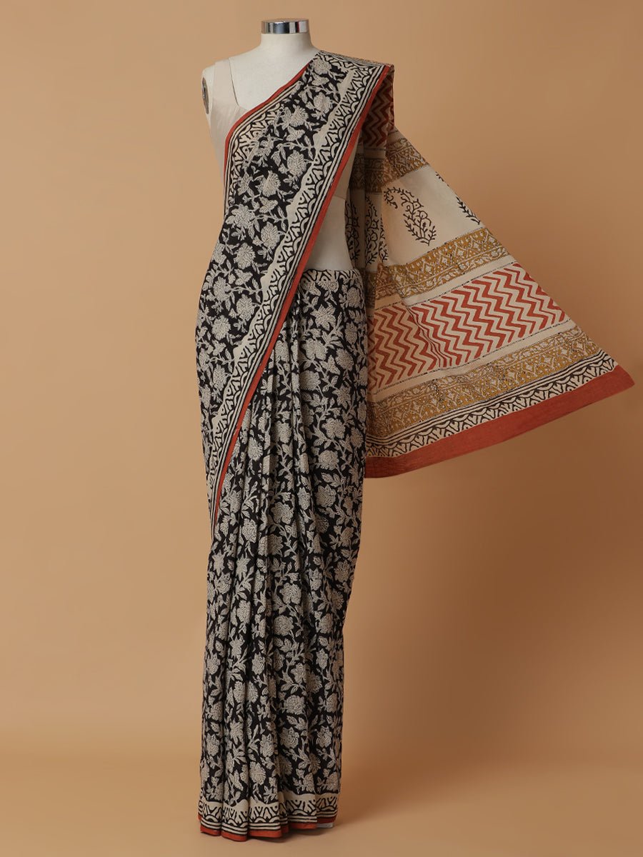 Hand Block Printed Black Cotton Mulmul Rozaana