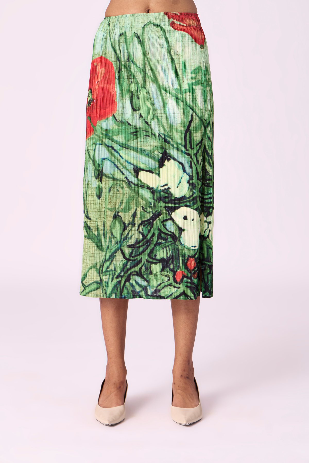 Green Floral Pleated Midi Skirt