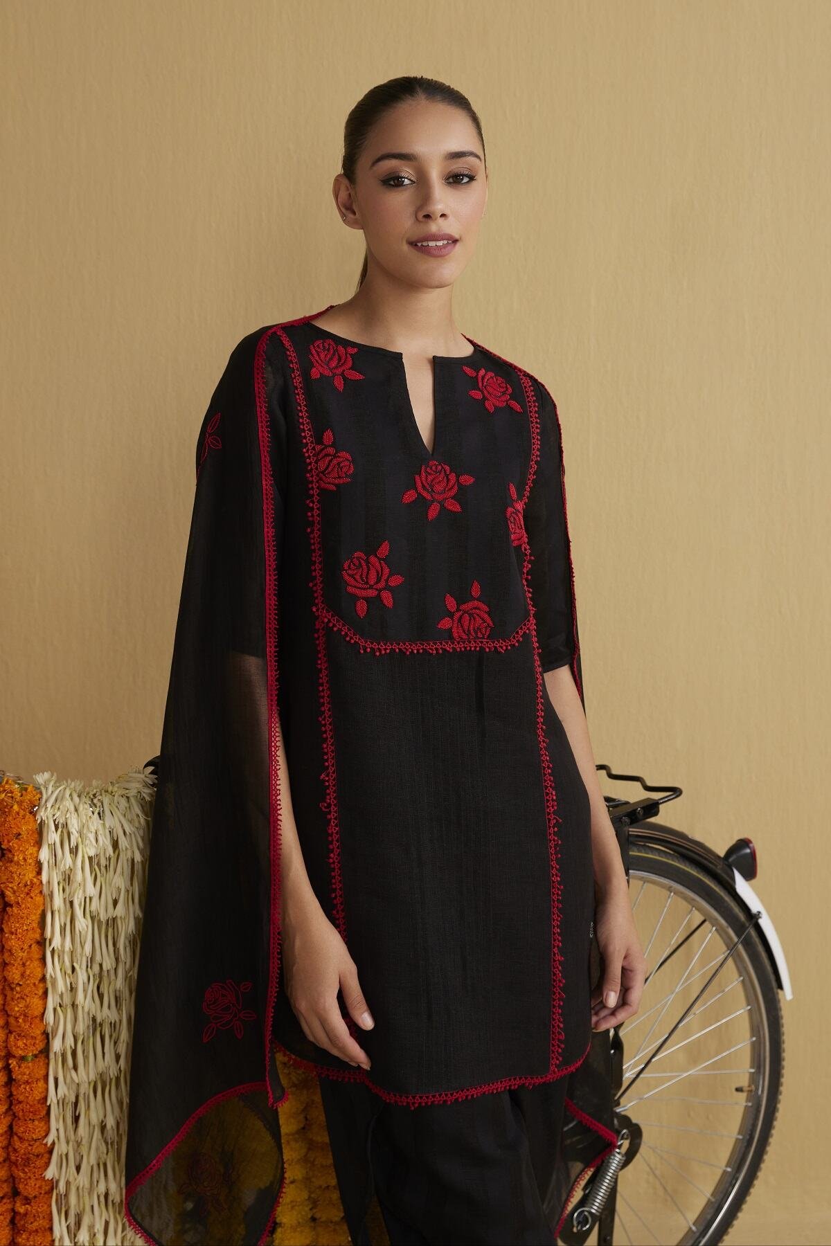 Black Linen Straight Kurta with Red Embroidery