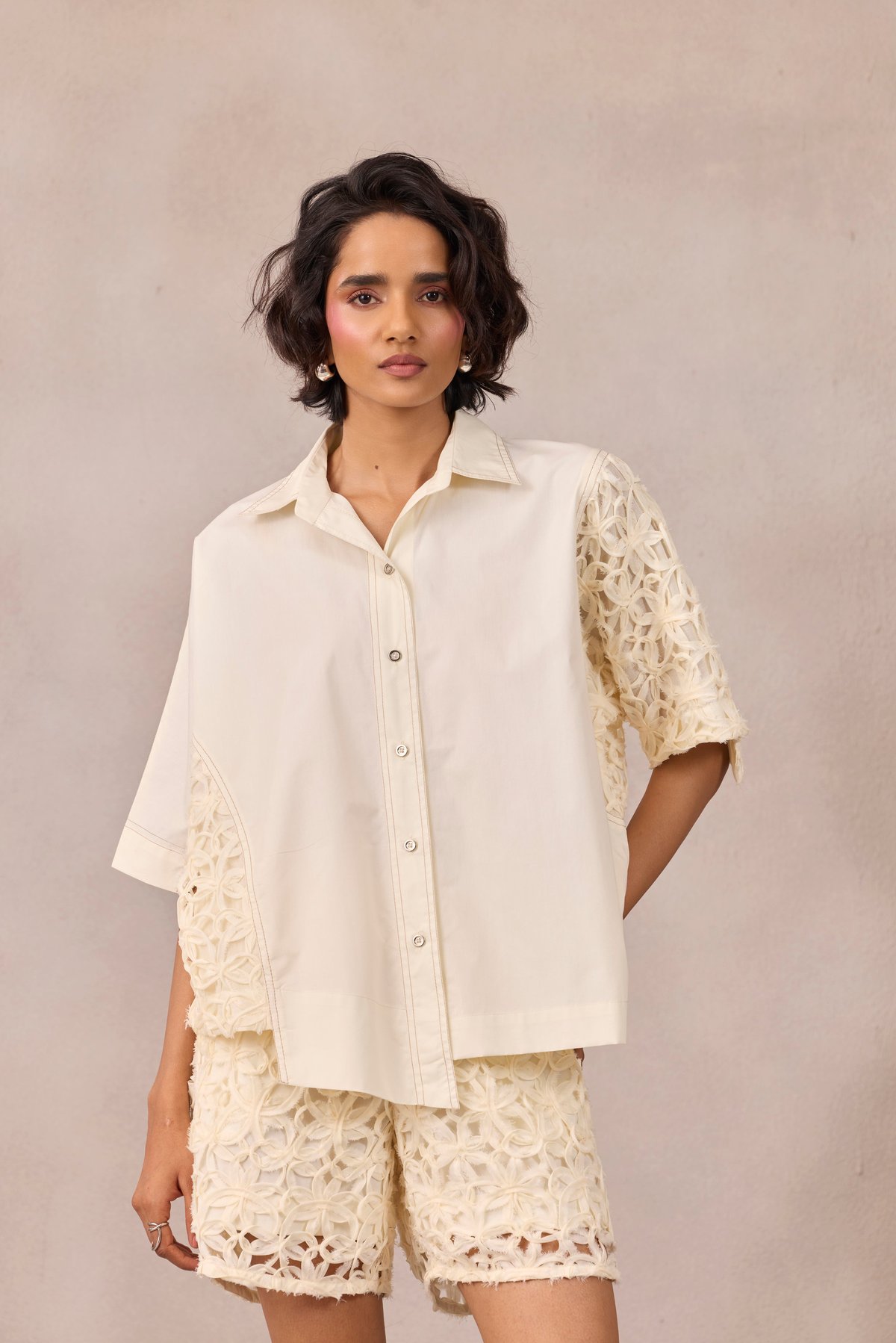Vanilla Cloud Boxy Lace-Inlay Cotton Poplin Shirt