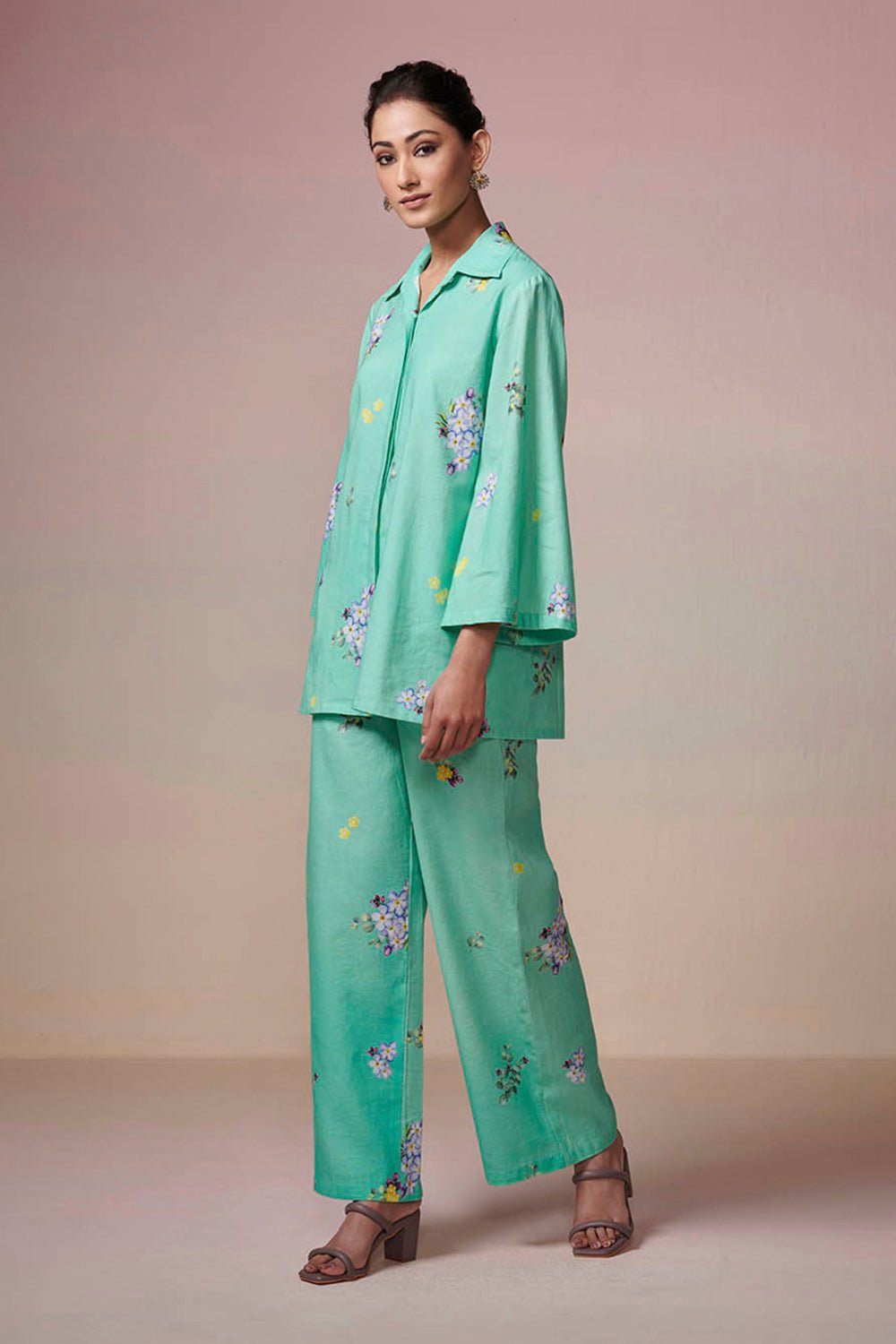 Mint Green Floral Shirt and Wide-Leg Pants Co-ord Set