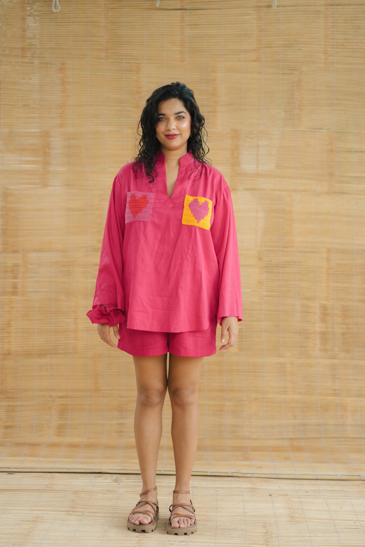 Hot Pink Cotton Satin V-Neck Kurta with Crochet Pockets