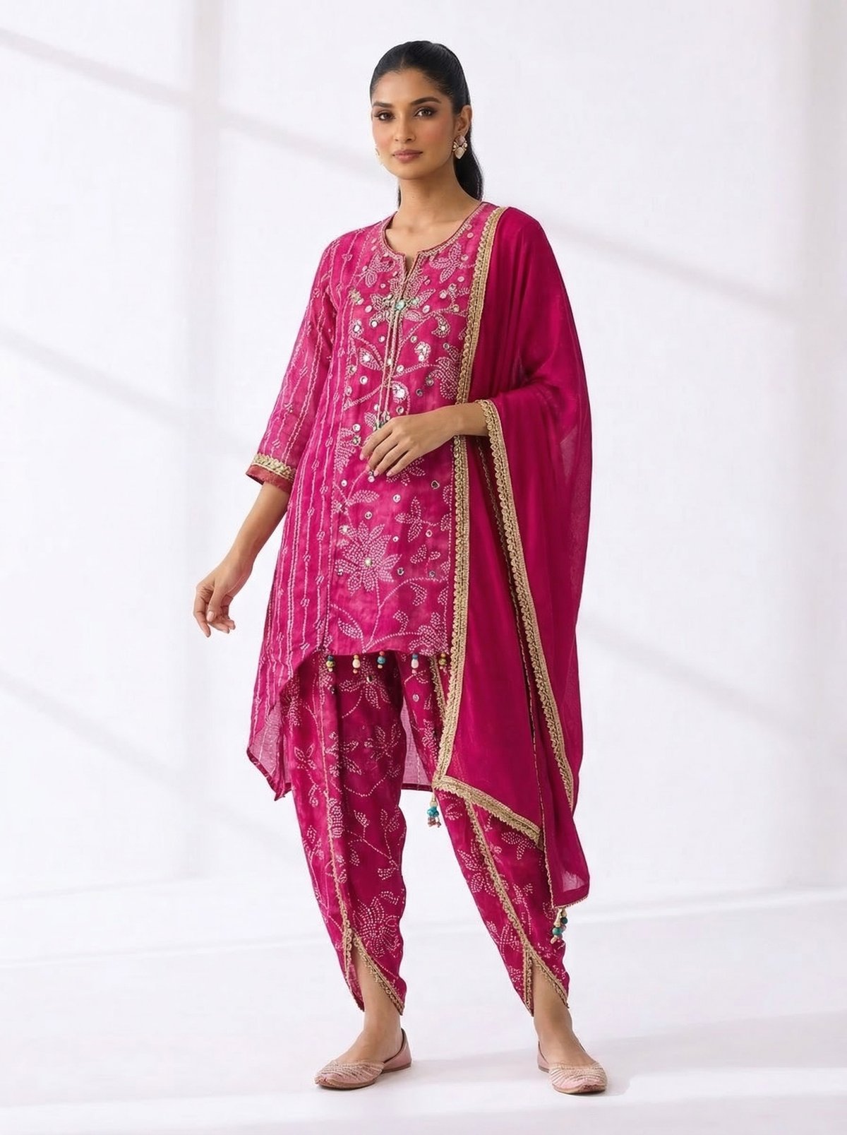 Pink Embroidered Straight Kurta Set with Dhoti and Dupatta