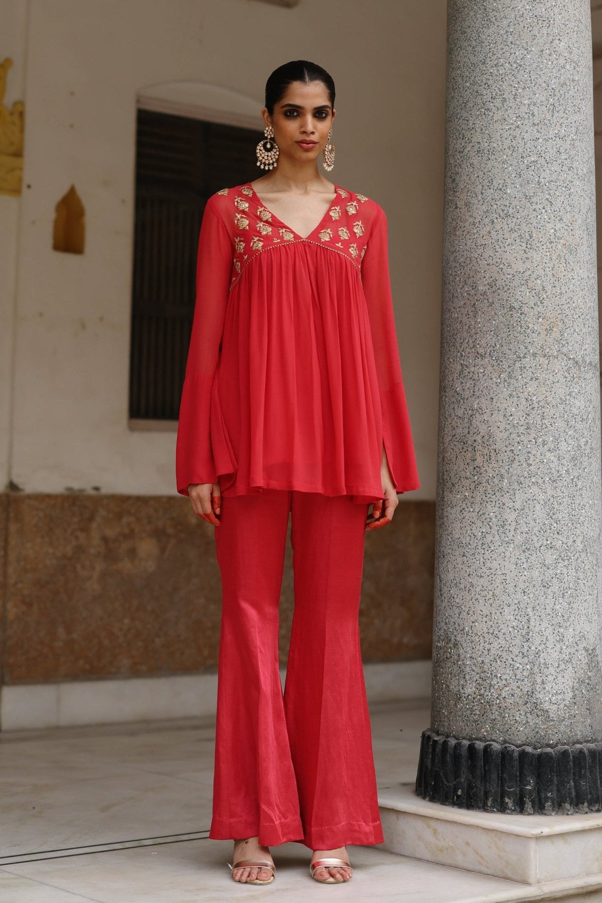 Red Embroidered V-Neck Co-ord Set with Bell Bottoms