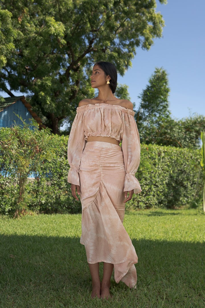 Peach Lotus-Cut Panelled Maxi Skirt with Side Buttons