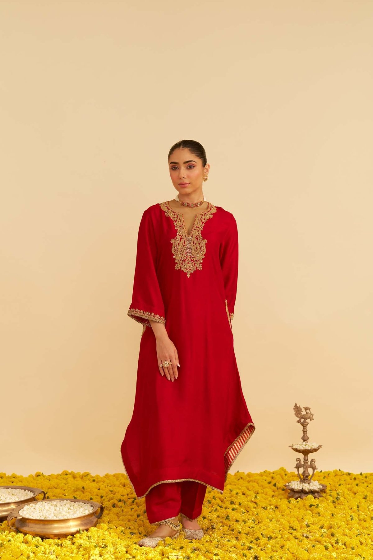 Deep Red Upada Silk Embroidered Long Kaftan