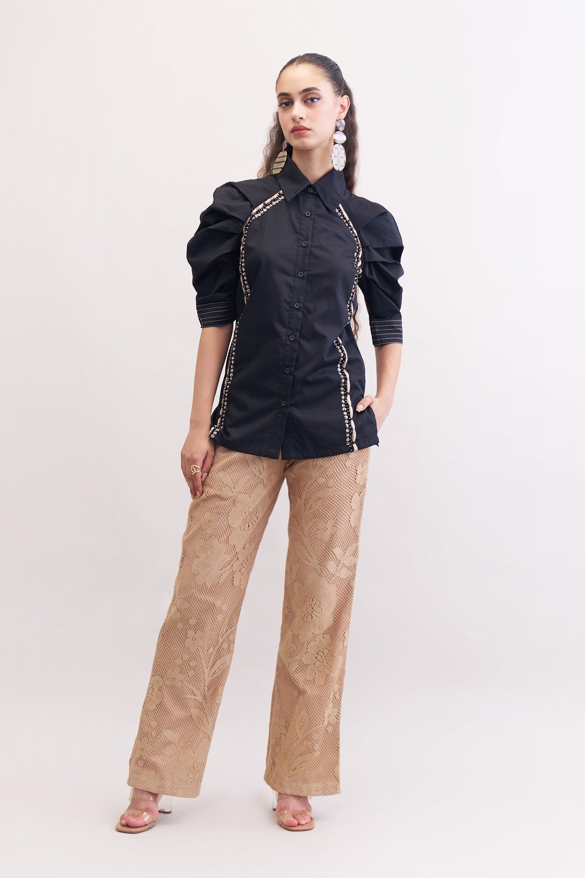 Black Shirt and Khaki Lace Pants Co-ord Set