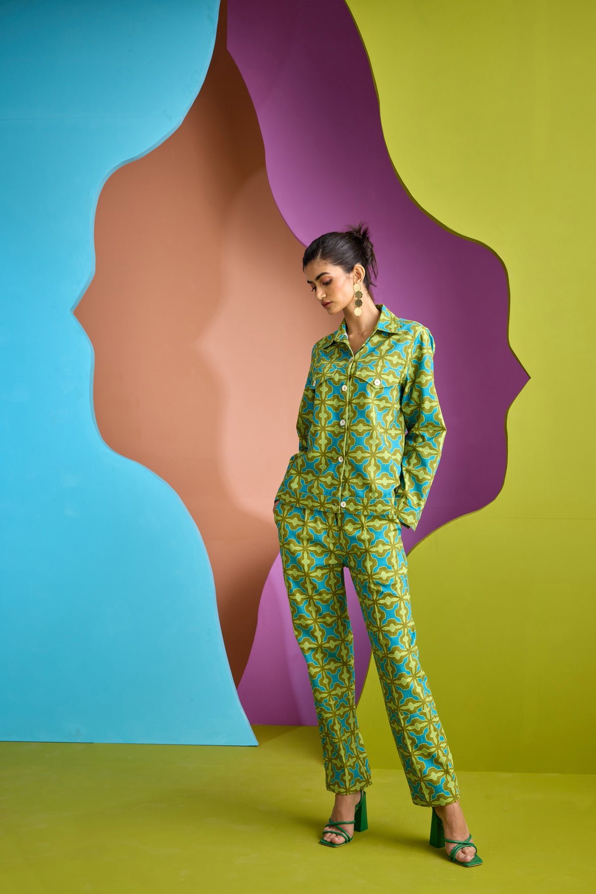 Printed Cotton Twill Trucker Co-ord Set with Straight Pants