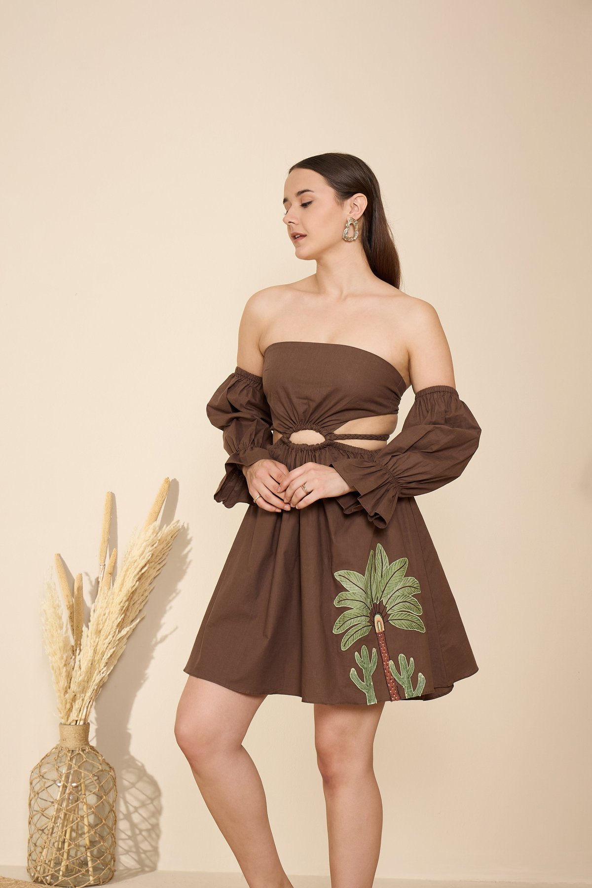 Dark Brown Bandeau Mini Dress with Detachable Sleeves