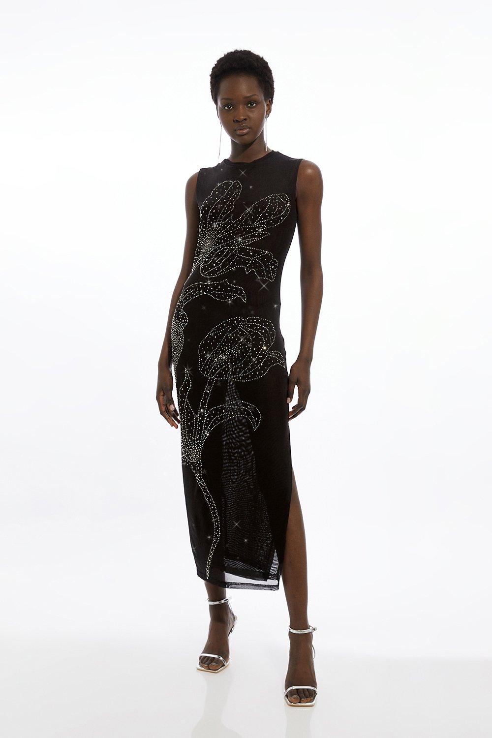 Black Crystal-Embellished Floral Mesh Jersey Midi Dress