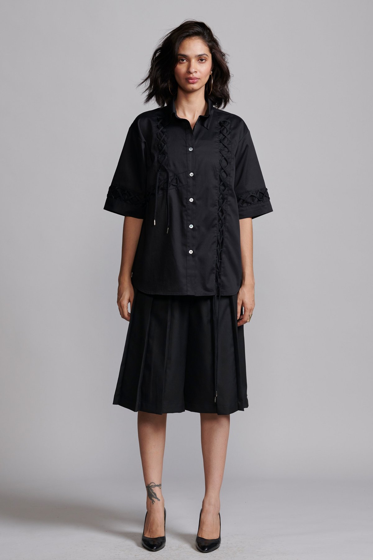 Black Longline Pleated Culotte Shorts