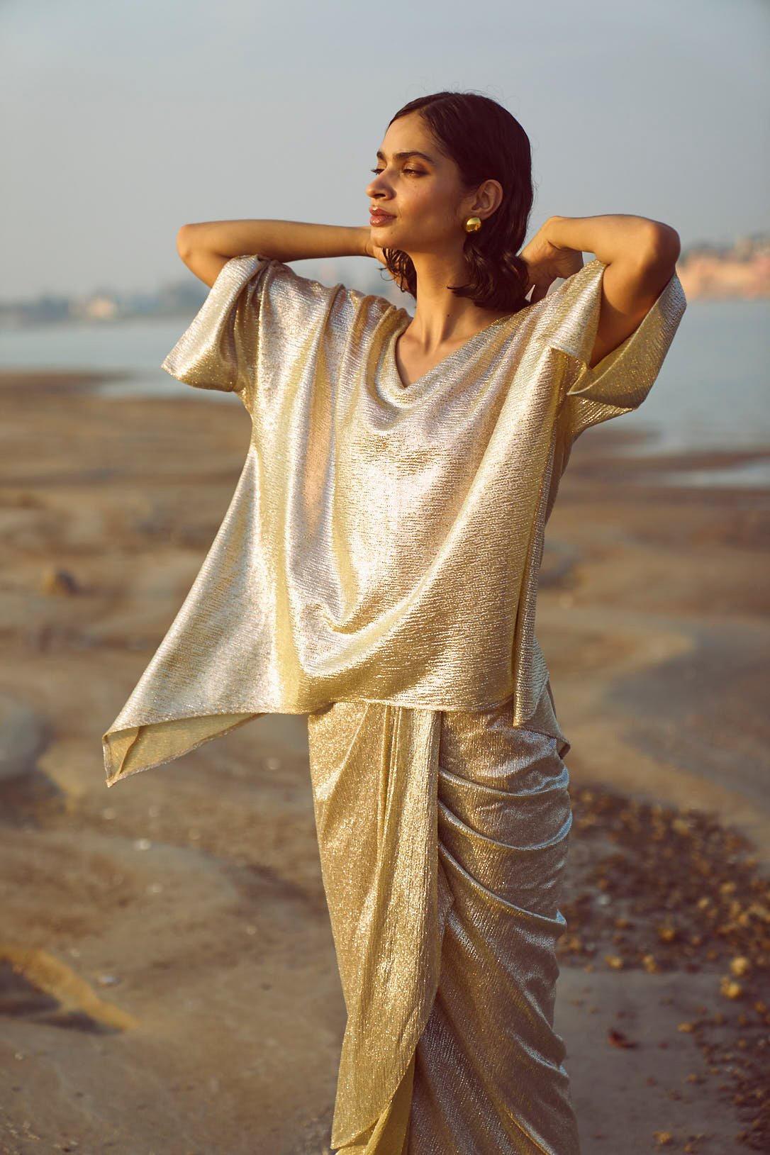 Champagne Metallic Boxy V-Neck Dolman Sleeve Top