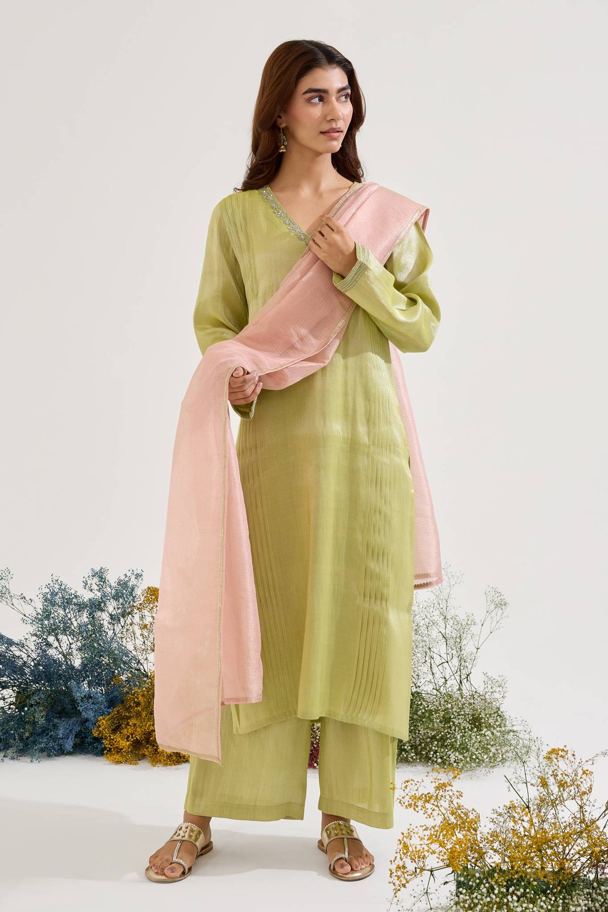 Lime Tissue Straight Kurta Set with Wide-Leg Pants and Dupatta