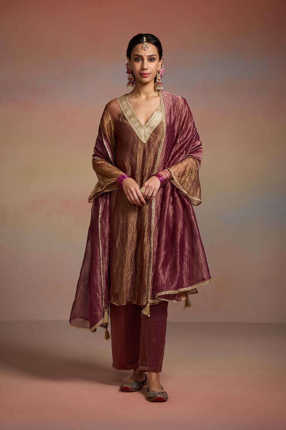 Plum Crinkle Tissue Anarkali Kurta Set with Straight Pants