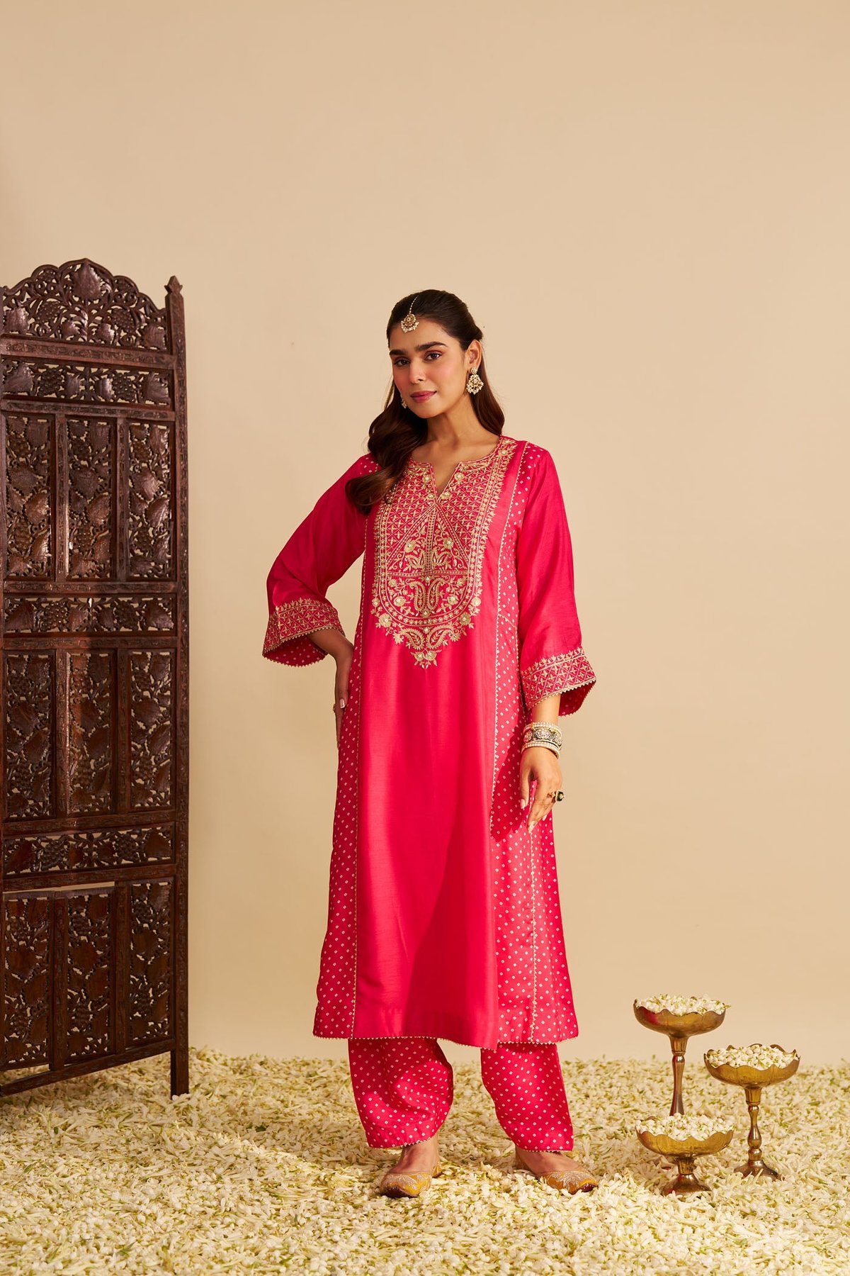 Hotpink Upada Silk Embroidered Long Kurta Set with Salwar