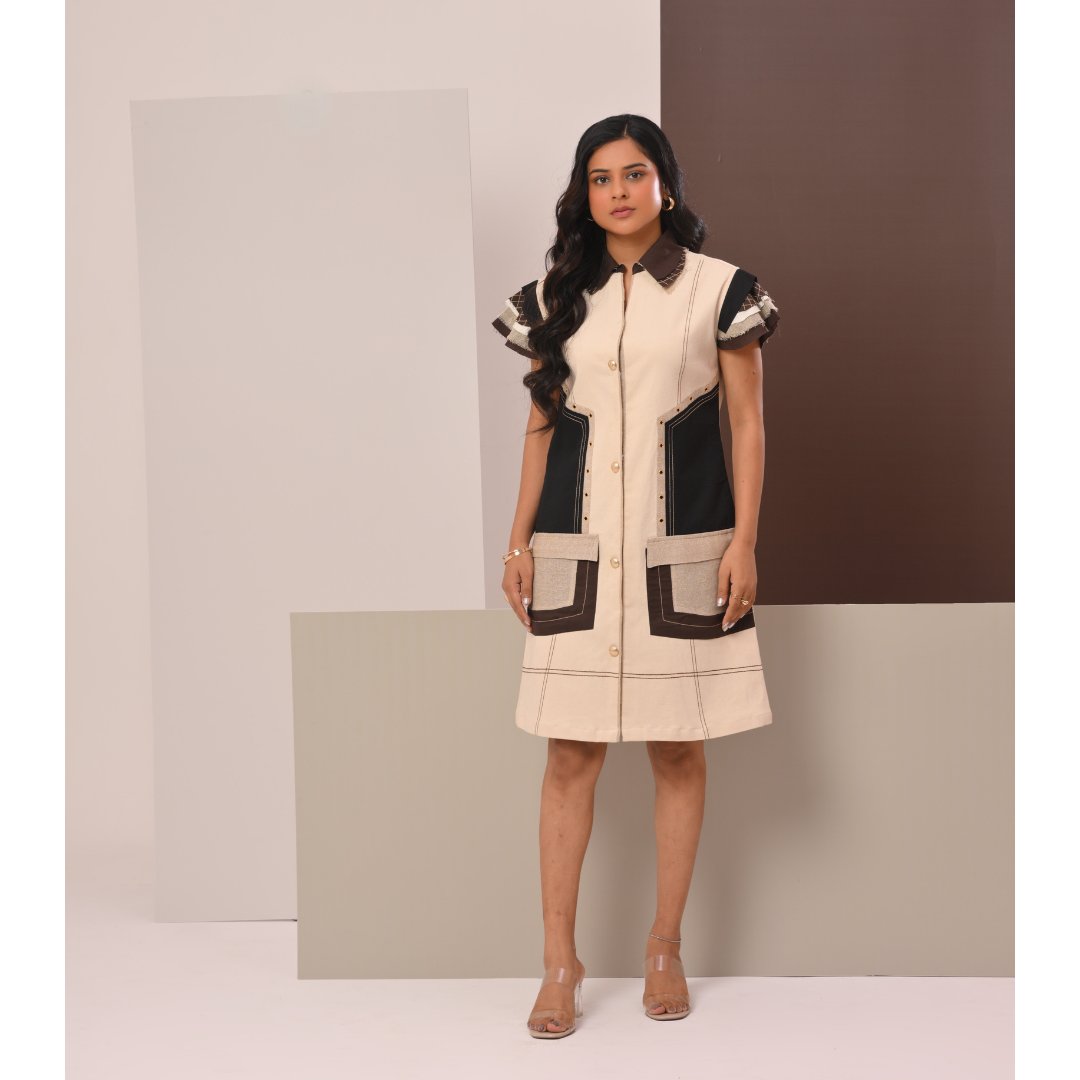 Beige and Black Colorblock Utility Shirt Dress