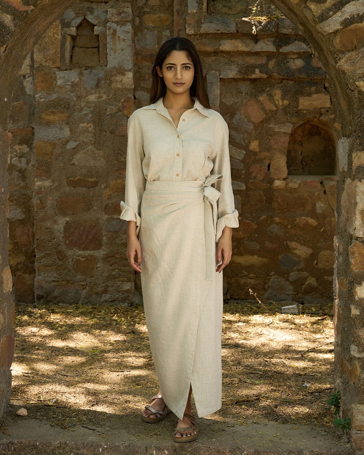 Beige Linen Shirt and Wrap Maxi Skirt Co-ord Set