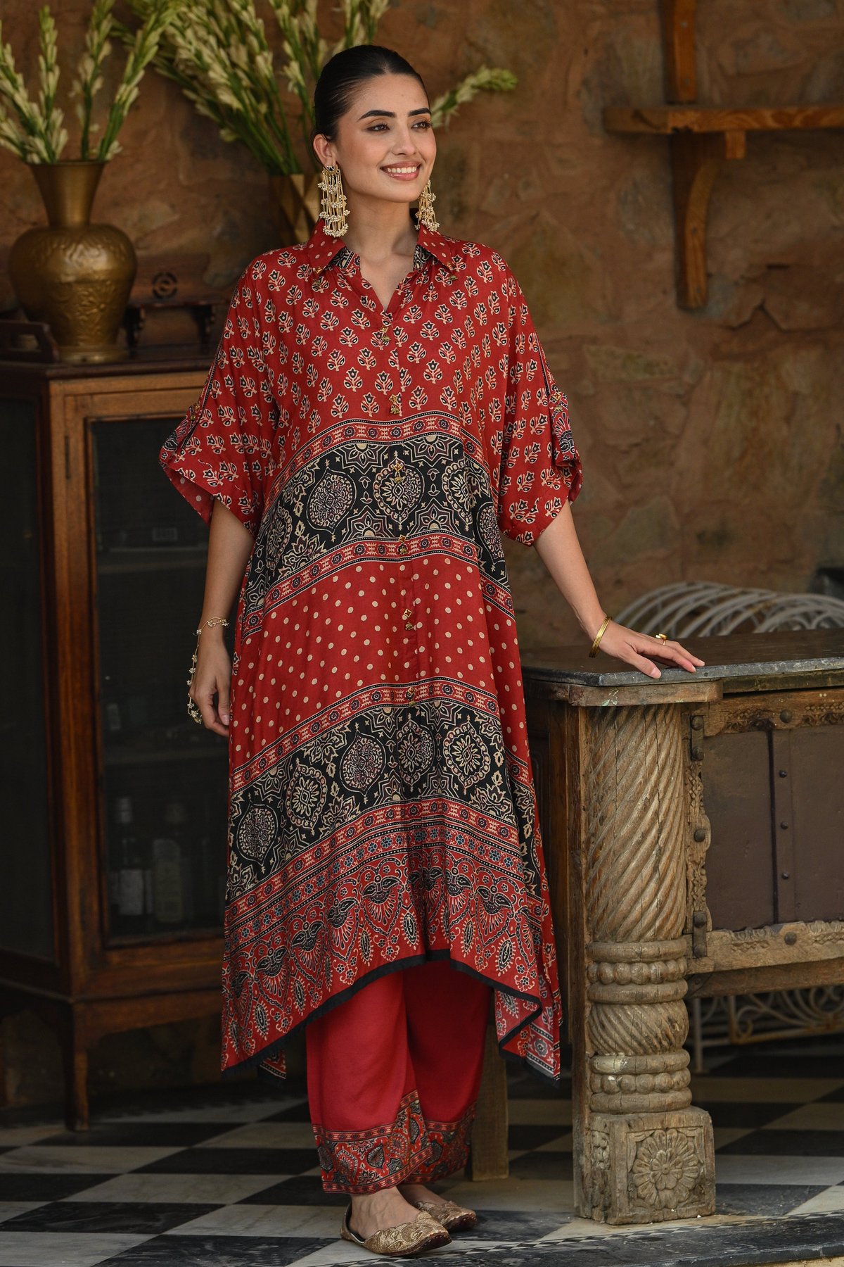 Red and Black Block and Ajrakh Print Kaftan Kurta Set-SET OF-2