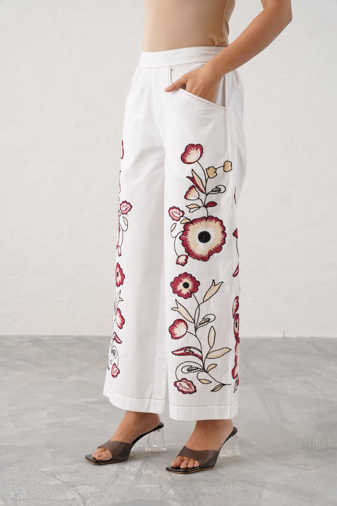White Cotton Wide-Leg Trousers with Floral Embroidery