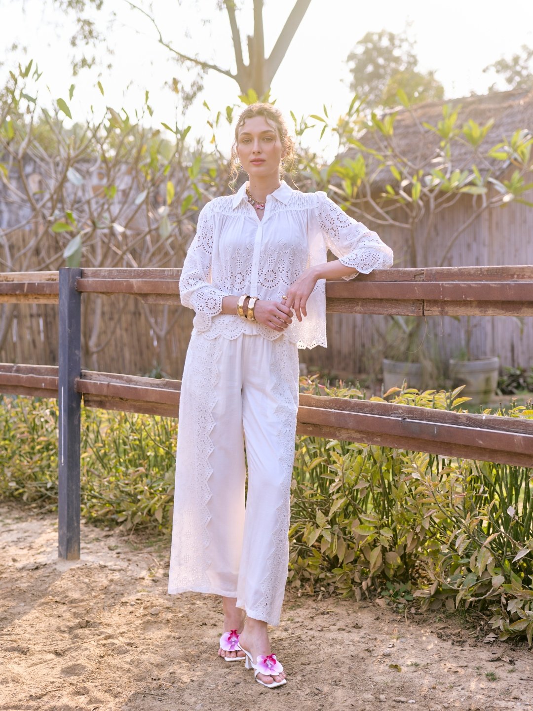 White Cotton Straight-Leg Cutwork Trousers