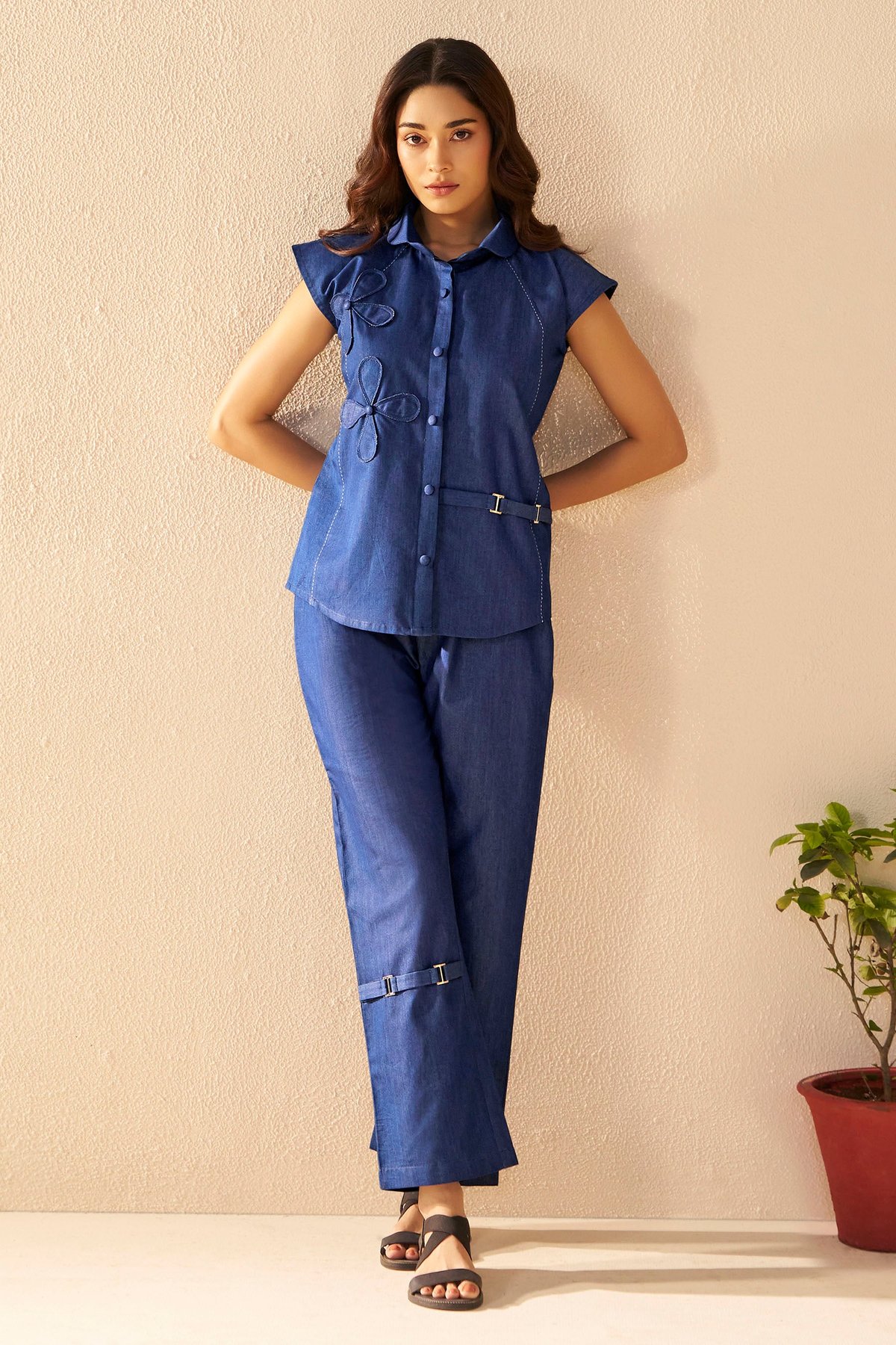 Blue Denim Sleeveless Shirt and Pants Co-ord Set