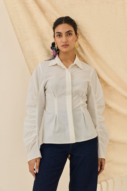 Off-White Cotton Poplin Ruched-Cuff Shirt