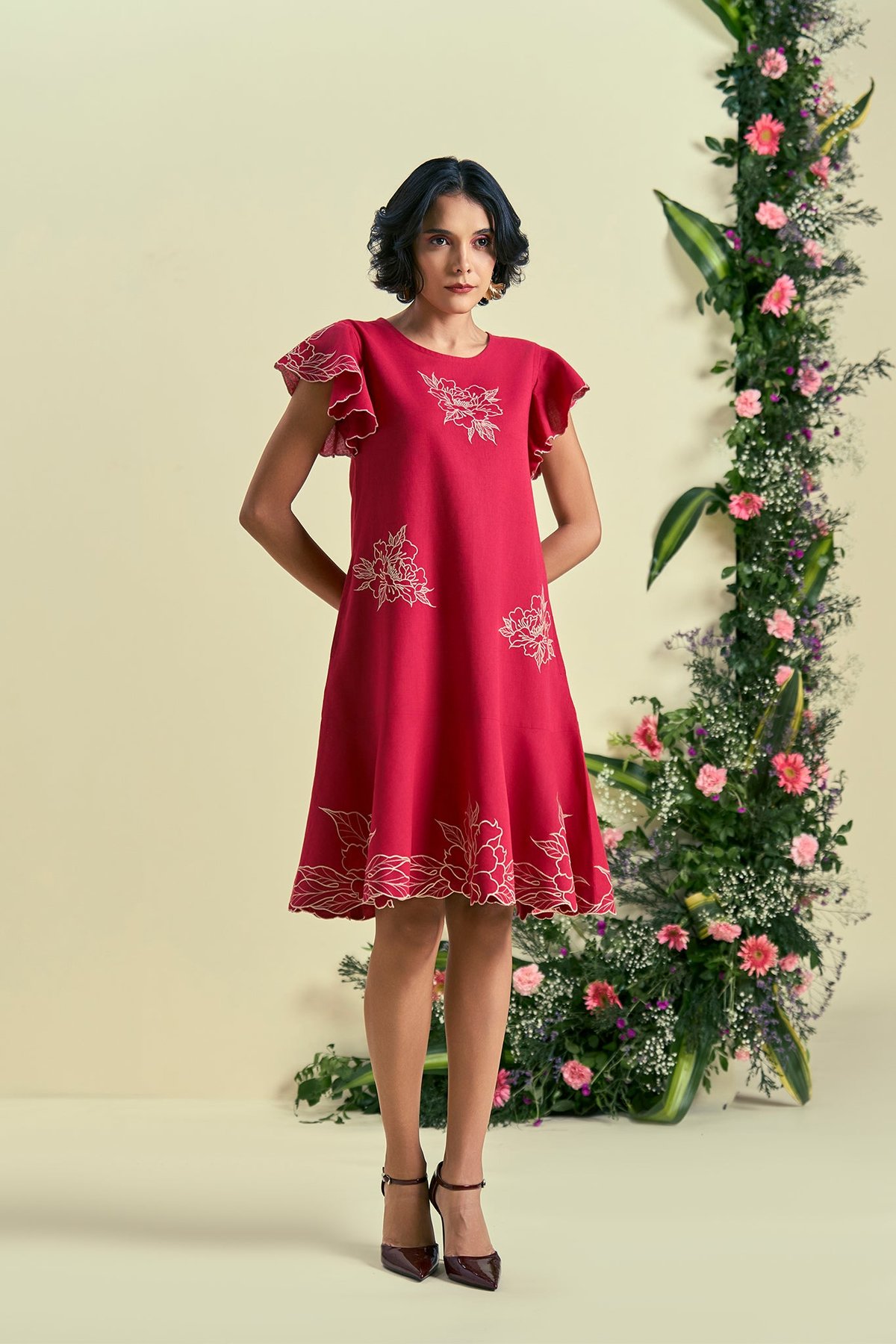 Red Linen-Blend Knee-Length A-Line Embroidered Dress