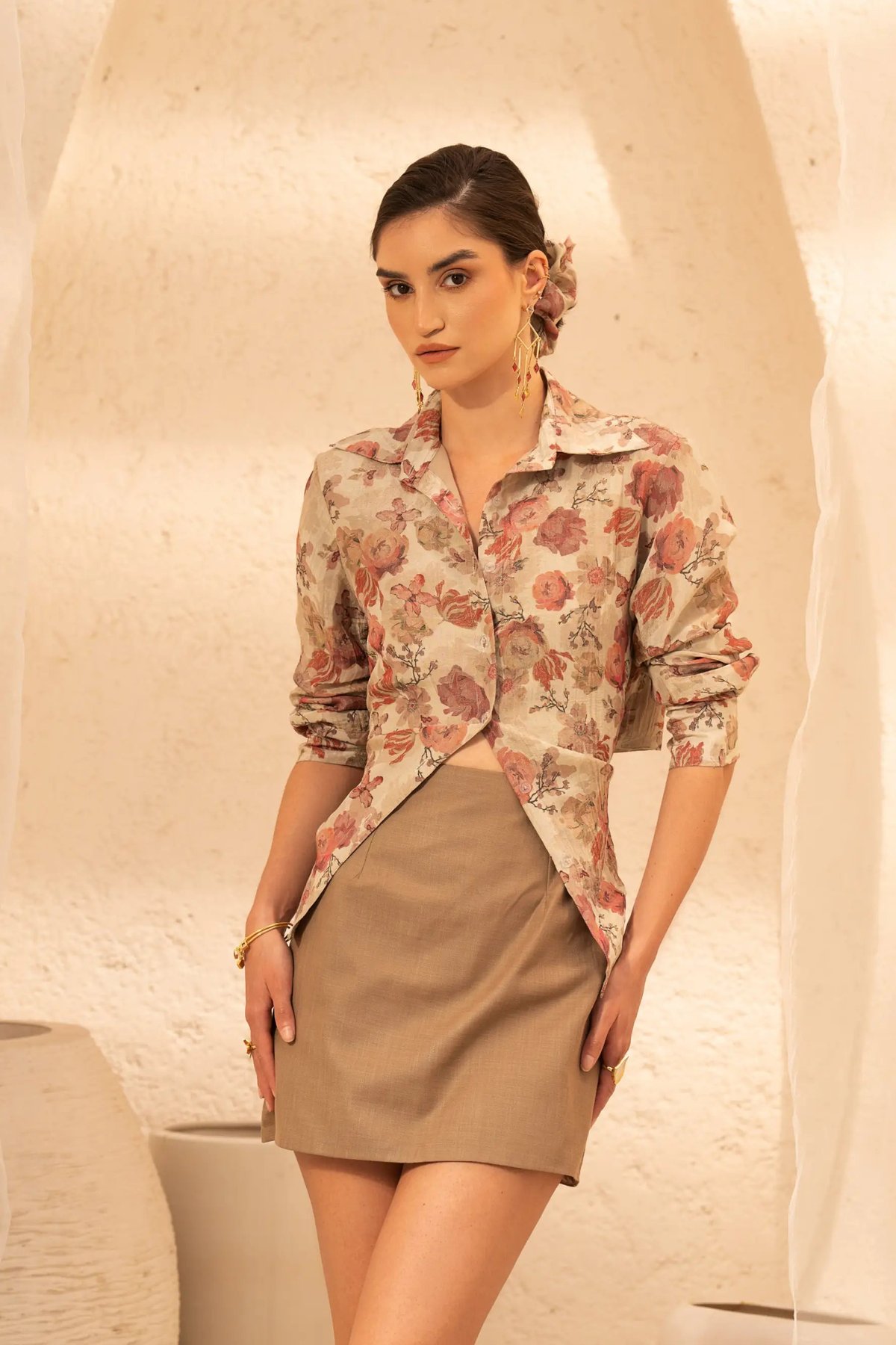 Beige High-Waist A-Line Mini Skirt with Side Zip