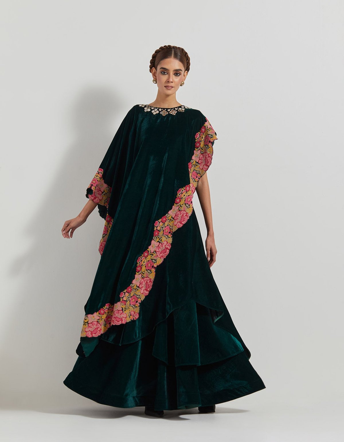 Bottle Green Velvet Cape and Tiered Maxi Skirt Co-ord Set