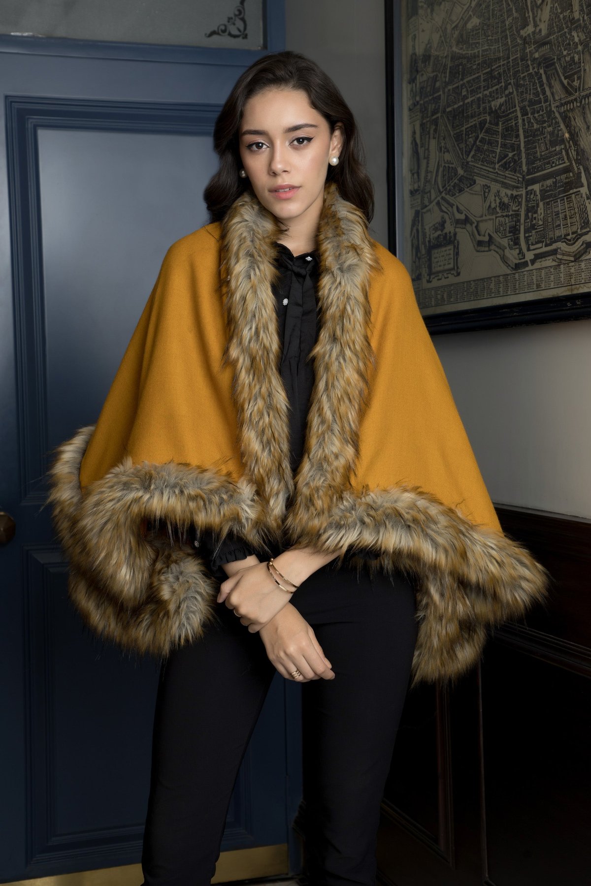 Ochre Wool Cape with Faux-Fur Trim