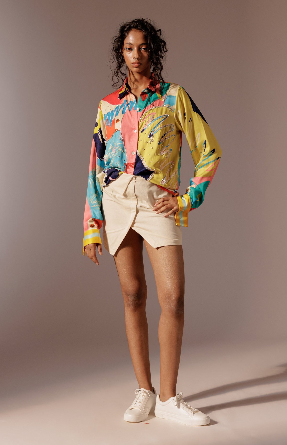 Multicolour Abstract Printed Satin Shirt with Embroidery