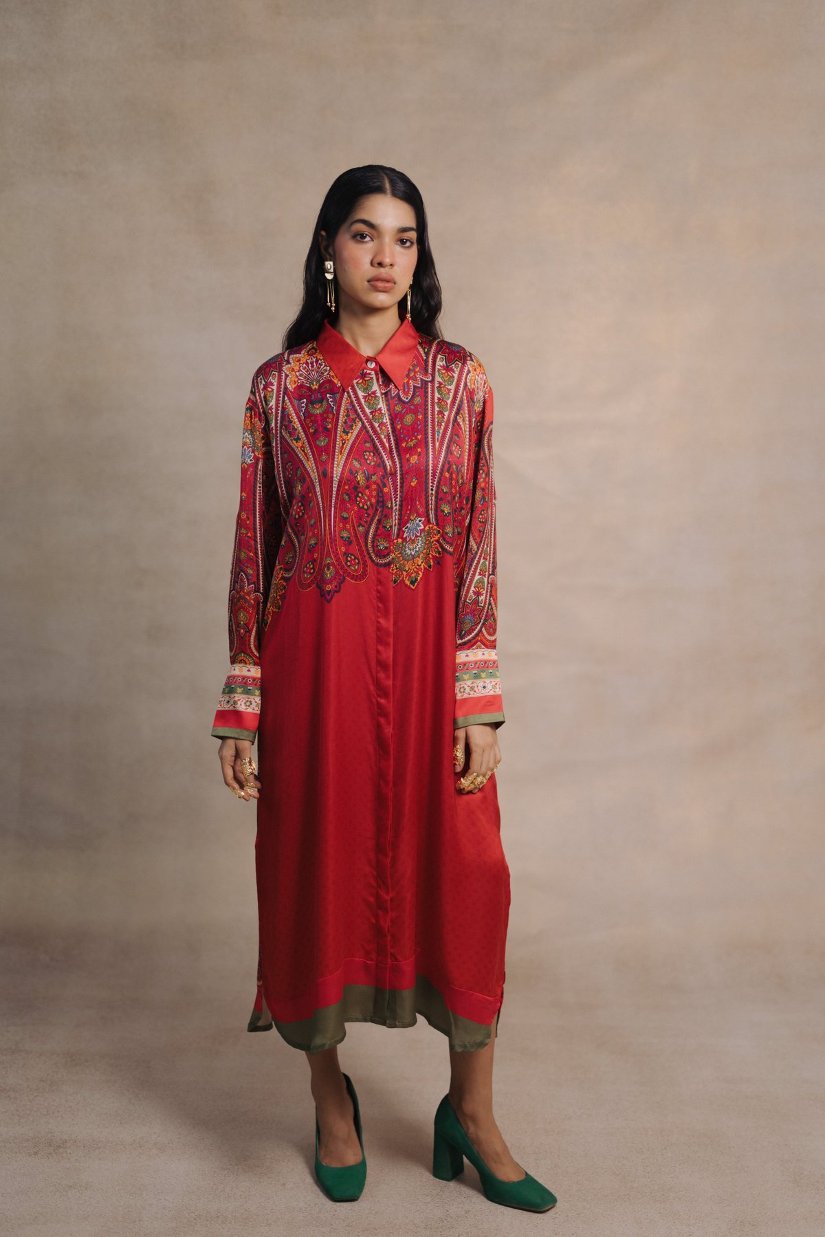 Red Paisley Printed Midi Shirt Dress