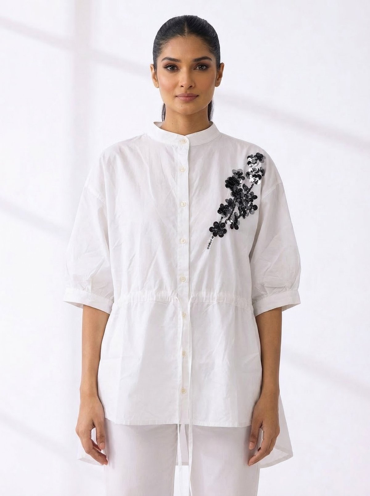 Ivory Cotton Tunic Shirt with Shoulder Applique