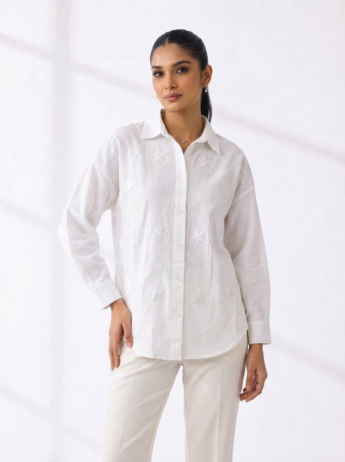 White Tonal Embroidered Cotton Shirt