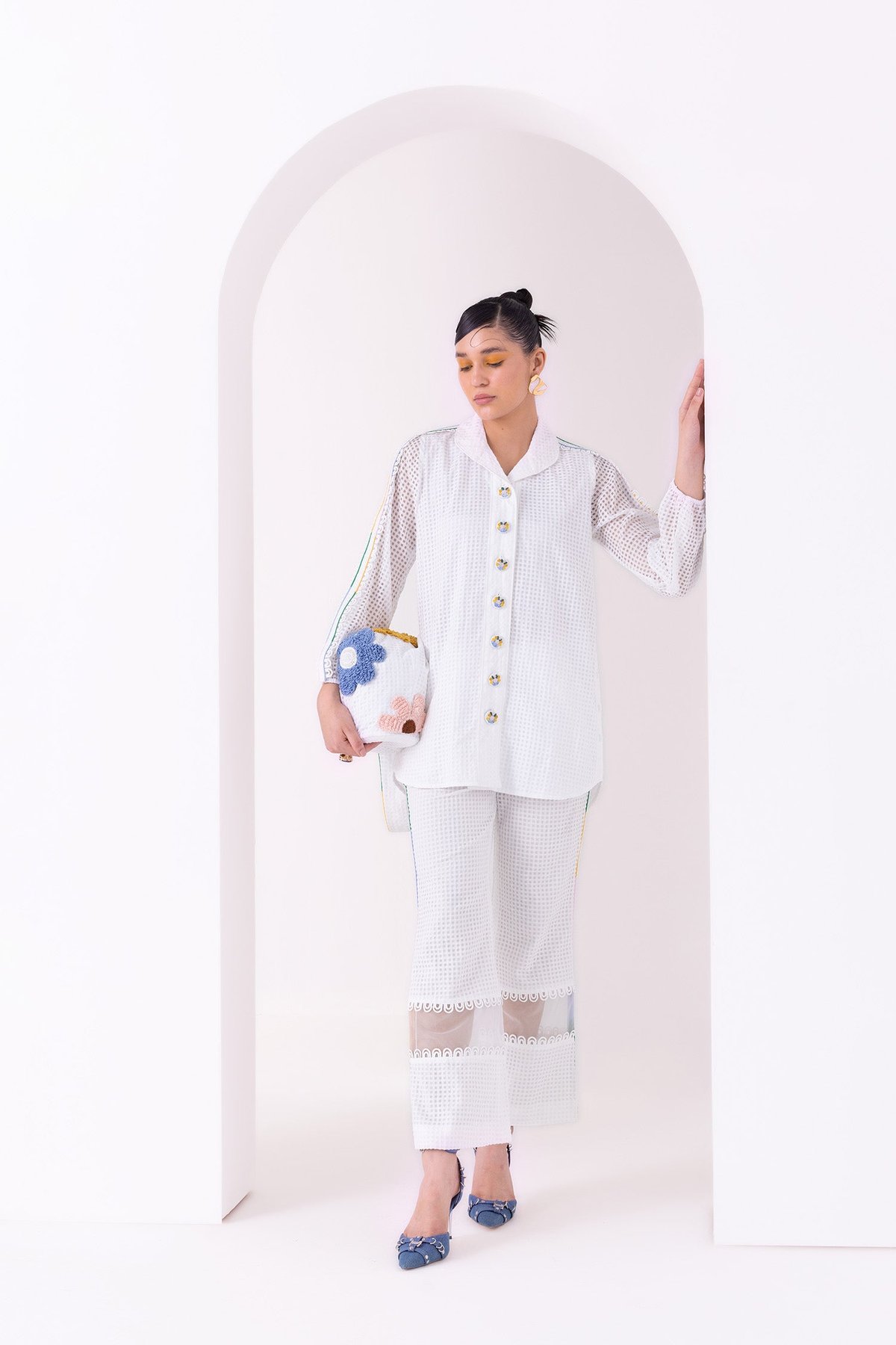 White Dobby Shirt and Pants Co-ord Set with Lace Detail