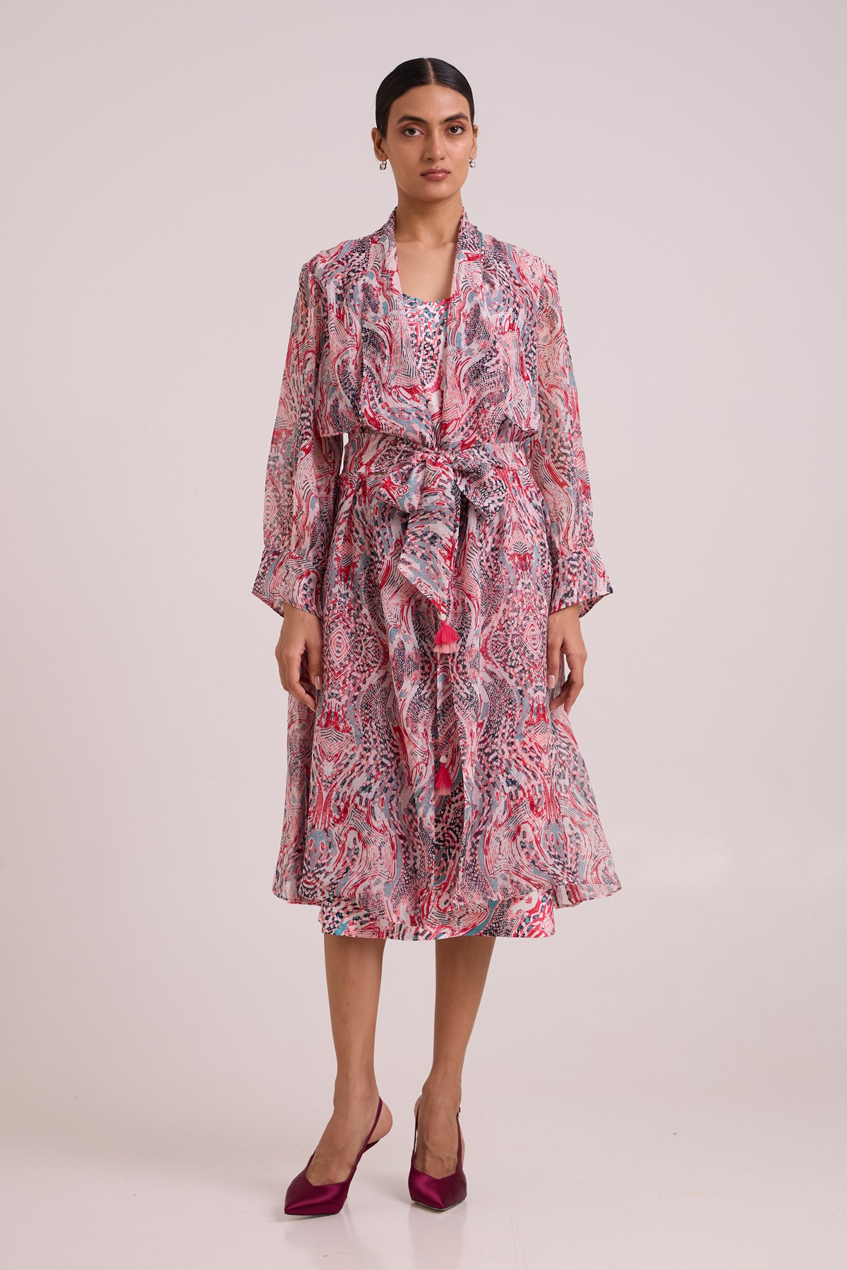 Multicolor Printed Organza Trench Jacket with Waist Tie