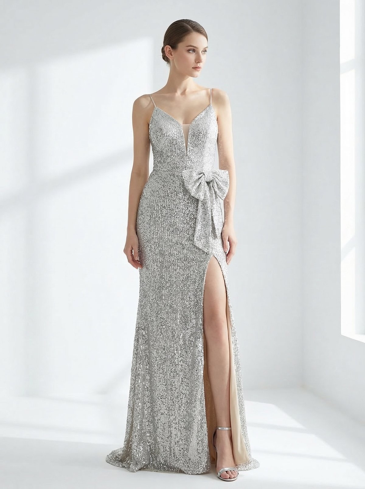 Silver Sequin Maxi Gown with Front Bow and Slit