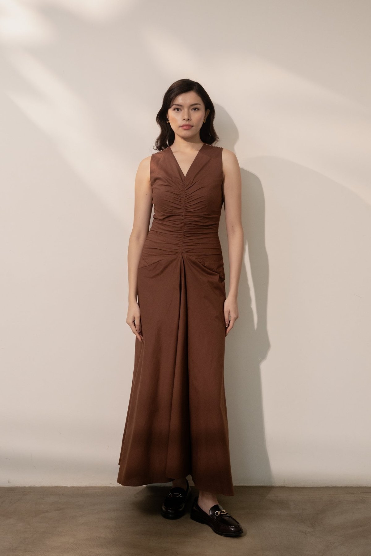 Brown Fit and Flare Ruched Maxi Dress