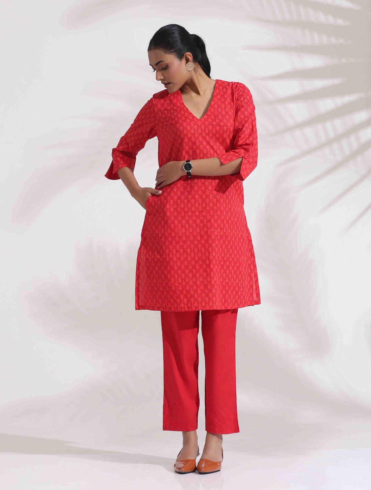 Red Printed Kurta and Pants Cotton Co-ord Set