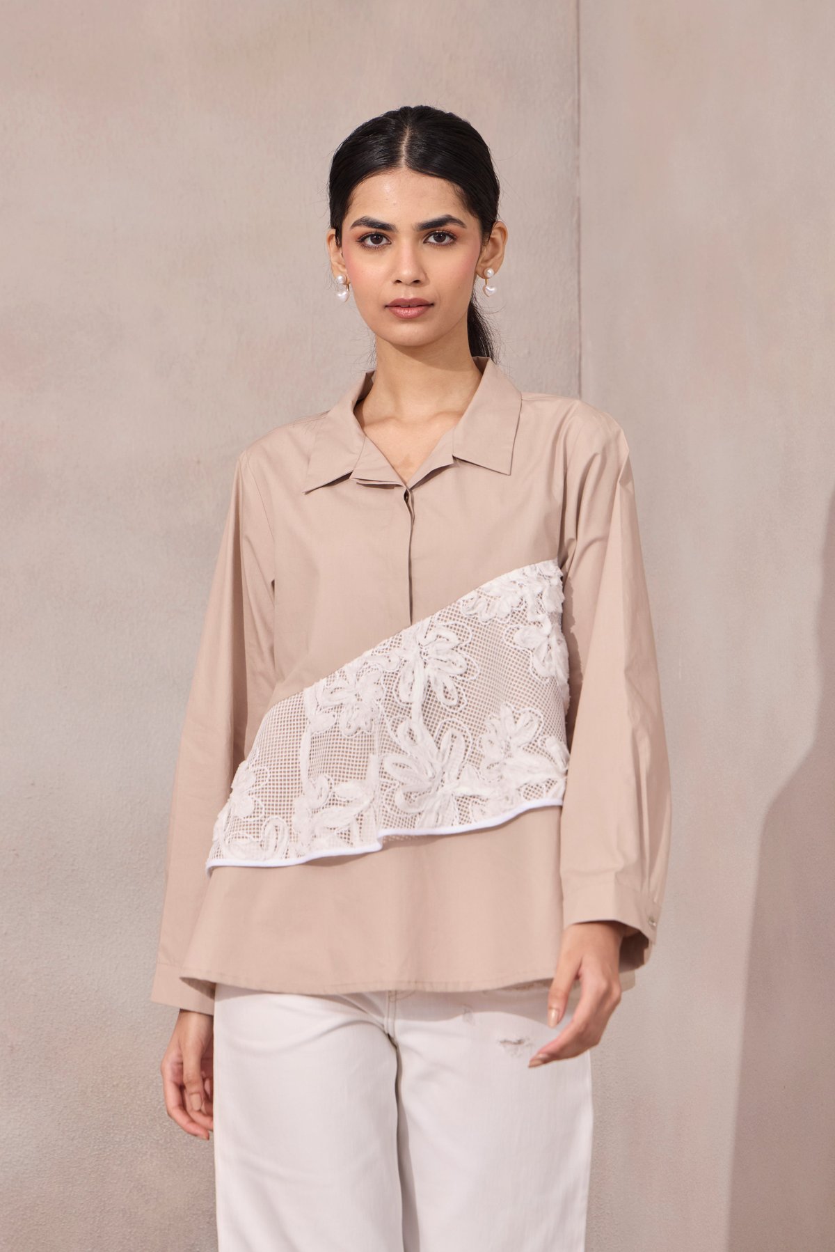 A-Line Cotton Poplin Shirt with Net Floral Applique