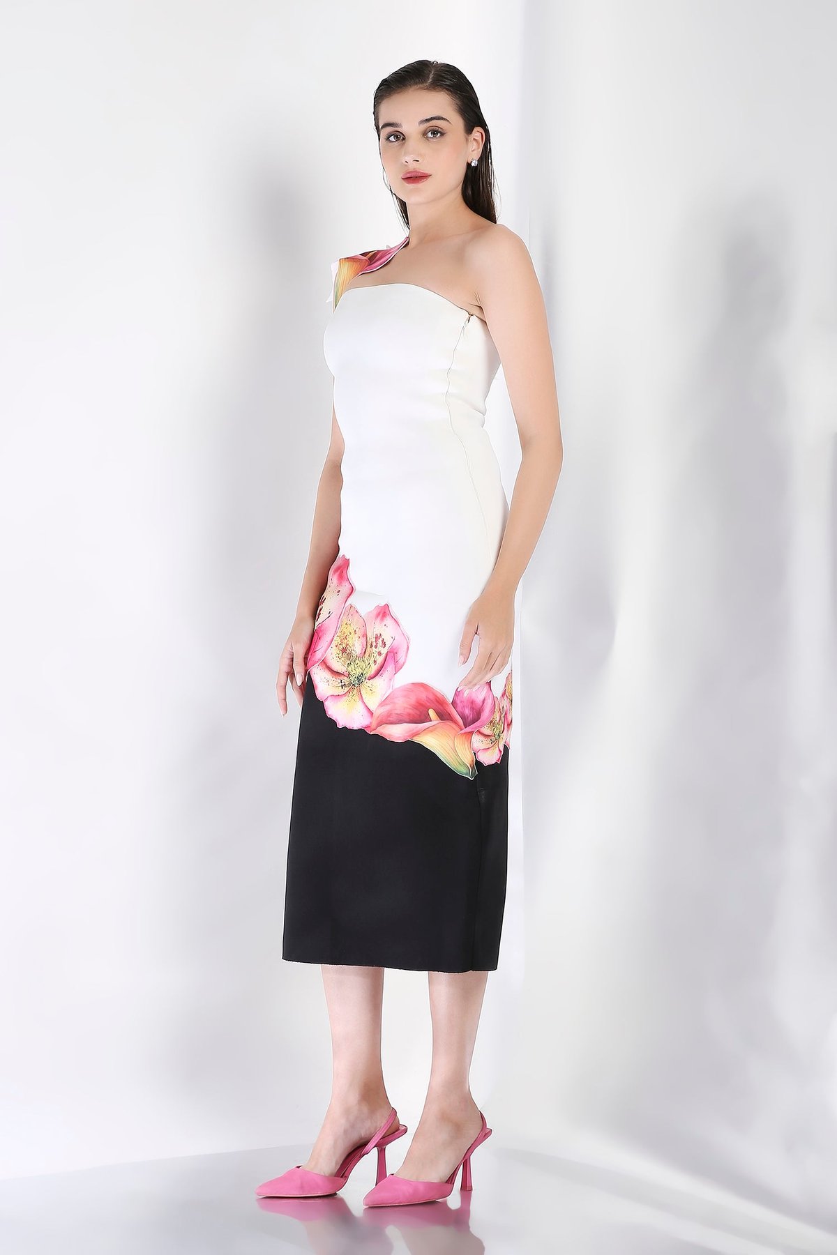 Off White and Black Bandeau Bodycon Midi Dress