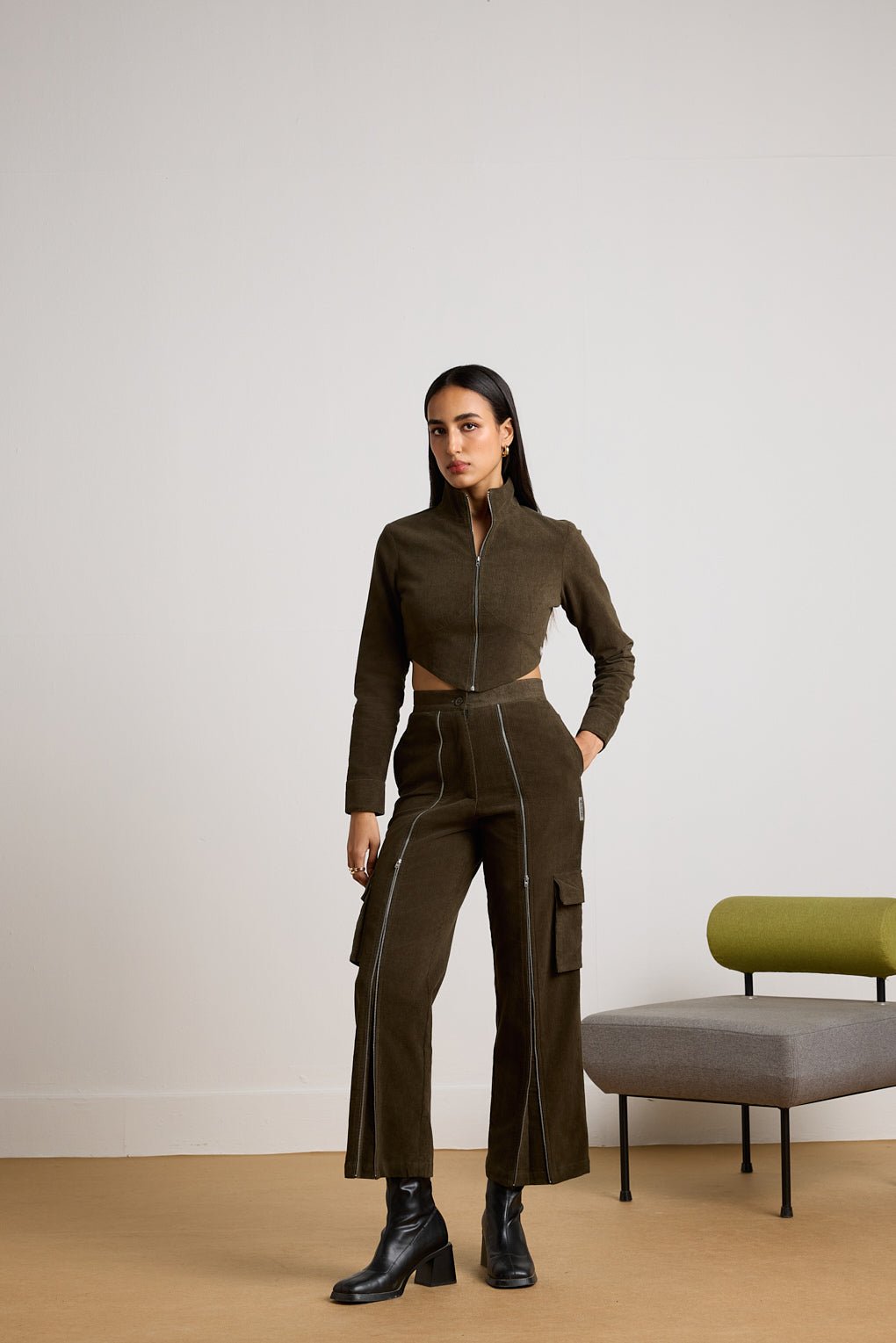 Olive Corduroy Zipper Co-ord Set with Corset Top