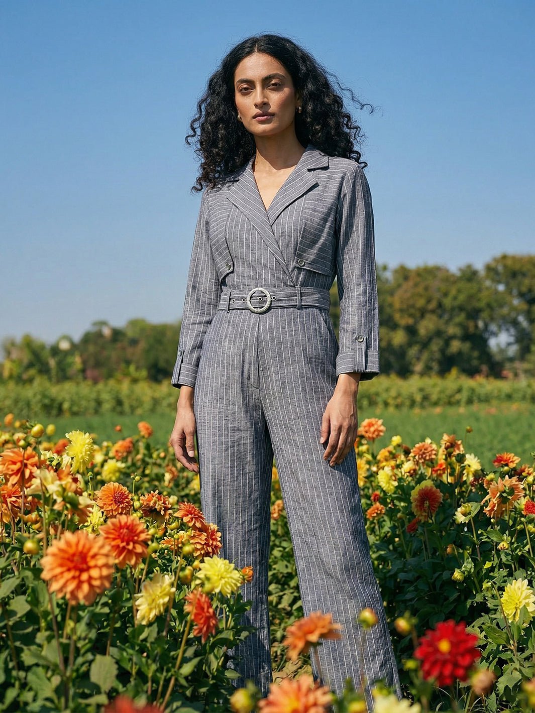 Cobalt Blue Pinstripe Belted Lapel Collar Jumpsuit