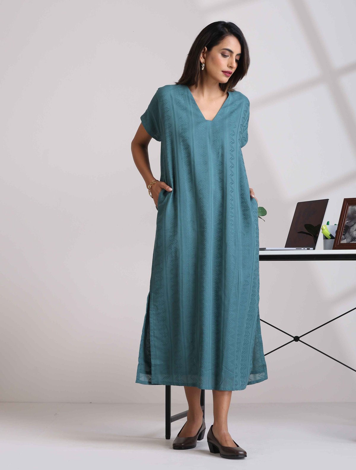 Turquoise Cotton Dobby Dress