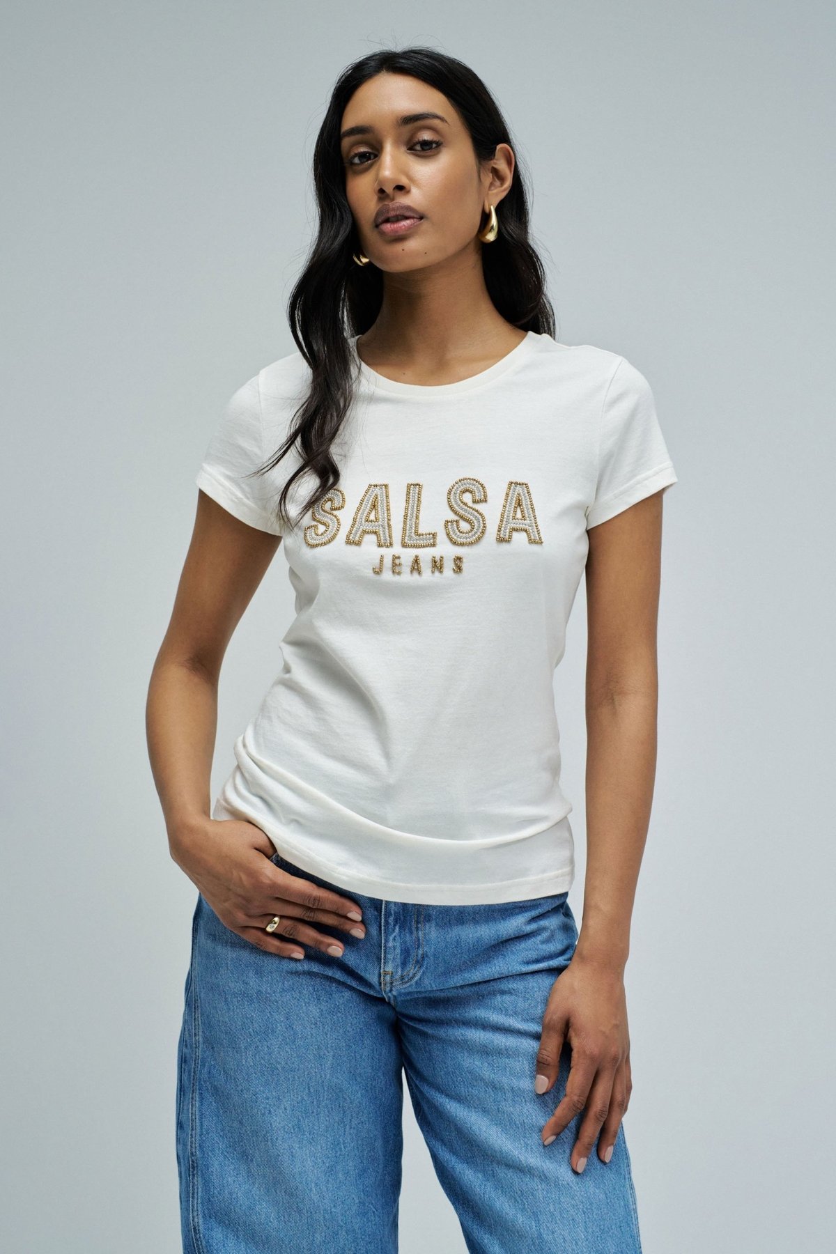 Light Pearl Slim Fit Cotton T-shirt with Embellished Logo