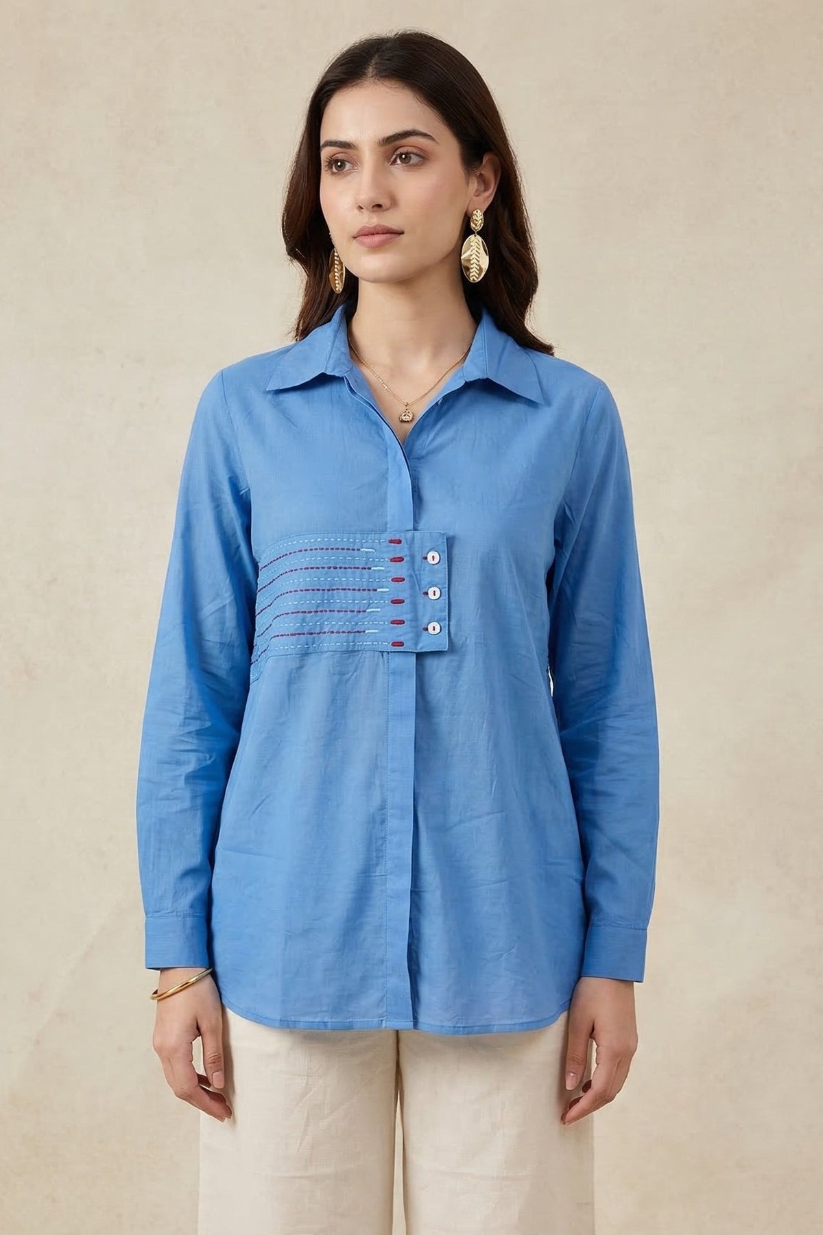 Sky Blue Sheer Voile Embroidered Panel Shirt