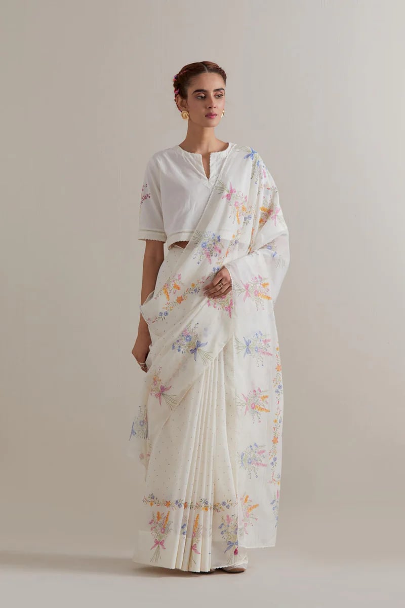 Off-White Pastel Floral Printed Saree with Blouse Piece