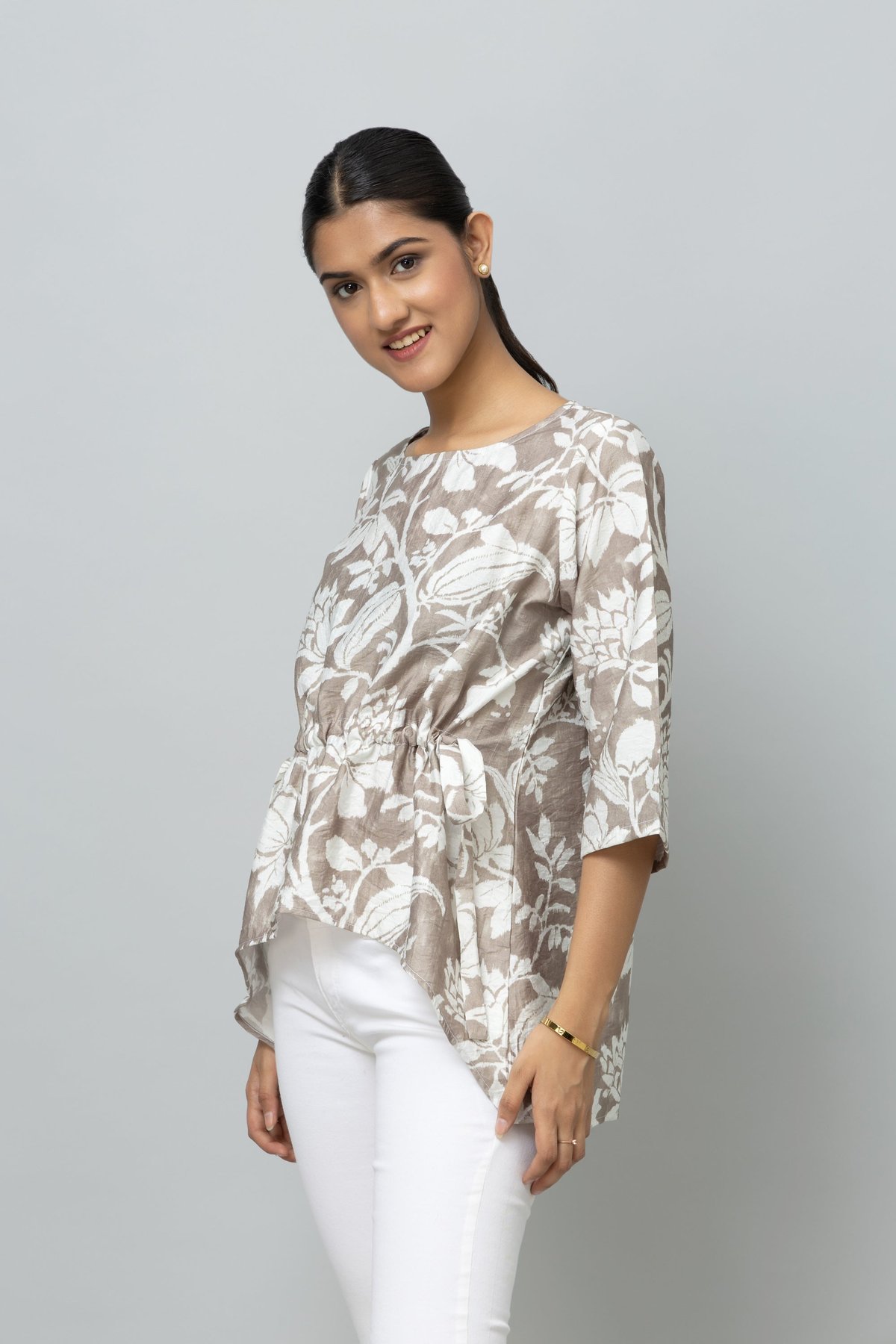 Neutral Floral Printed High-Low Blouse with Waist Tie