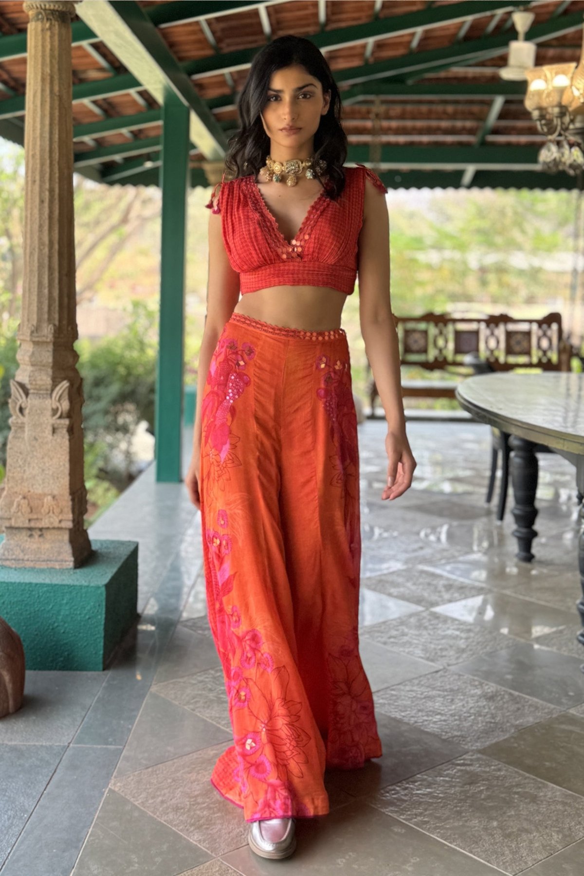 Orange Chiffon Crop Top and Flared Pants Co-ord Set