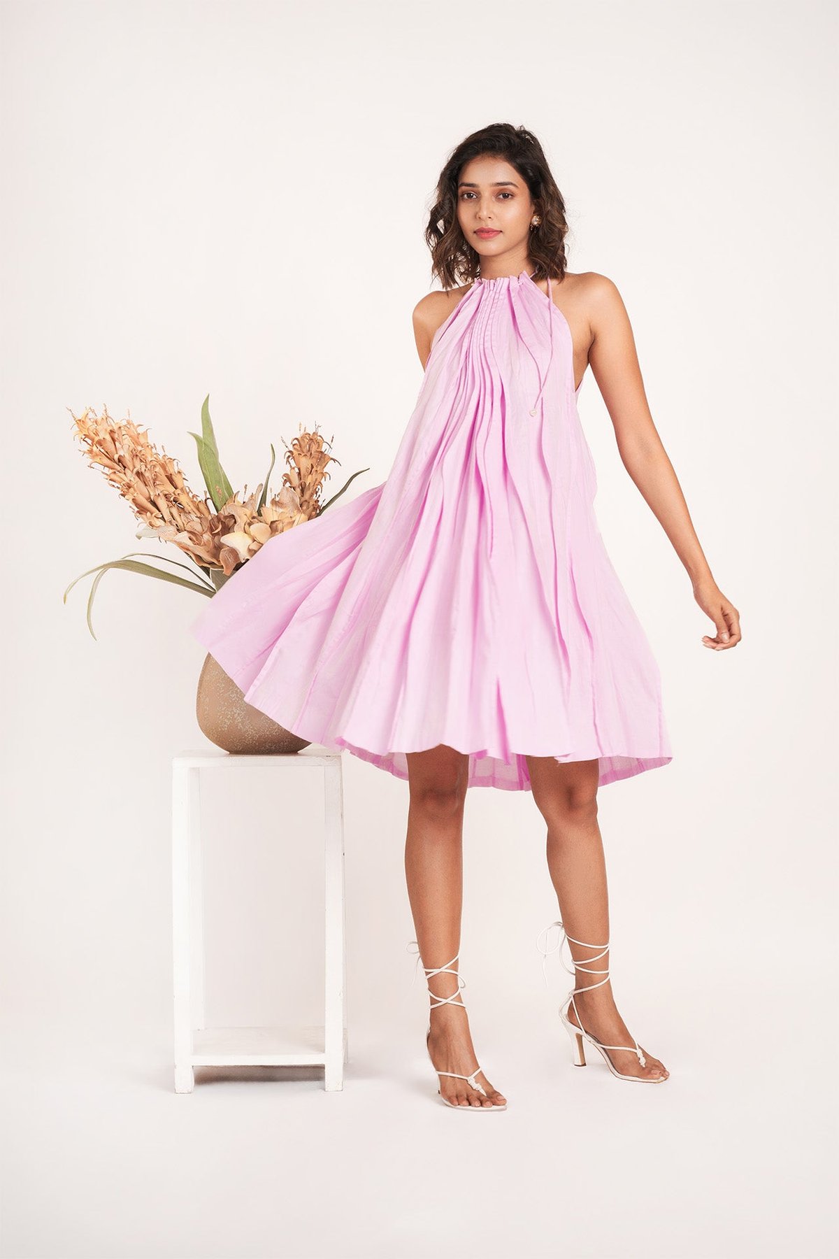 Lavender Halter Neck Pleated Knee-Length Swing Dress